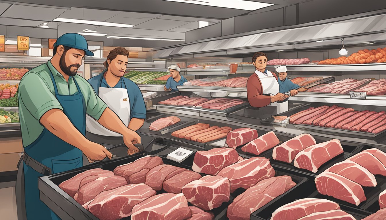 A bustling meat department at Safeway's Signature Select, showcasing rows of premium cuts and a butcher assisting a customer