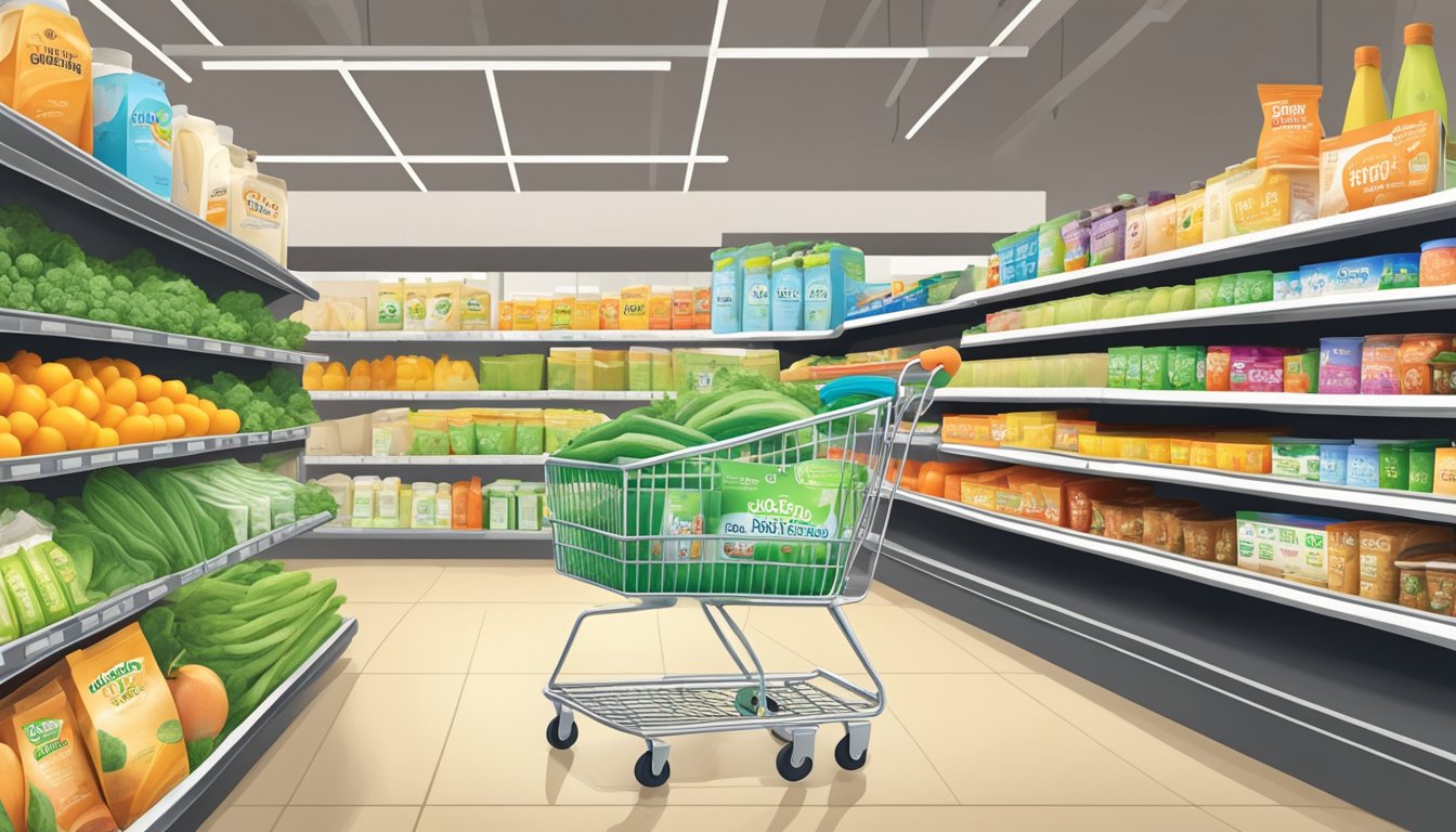 A shopping cart filled with Green Valley Organics Lactose-Free Yogurt and other low FODMAP foods in a brightly lit grocery store aisle