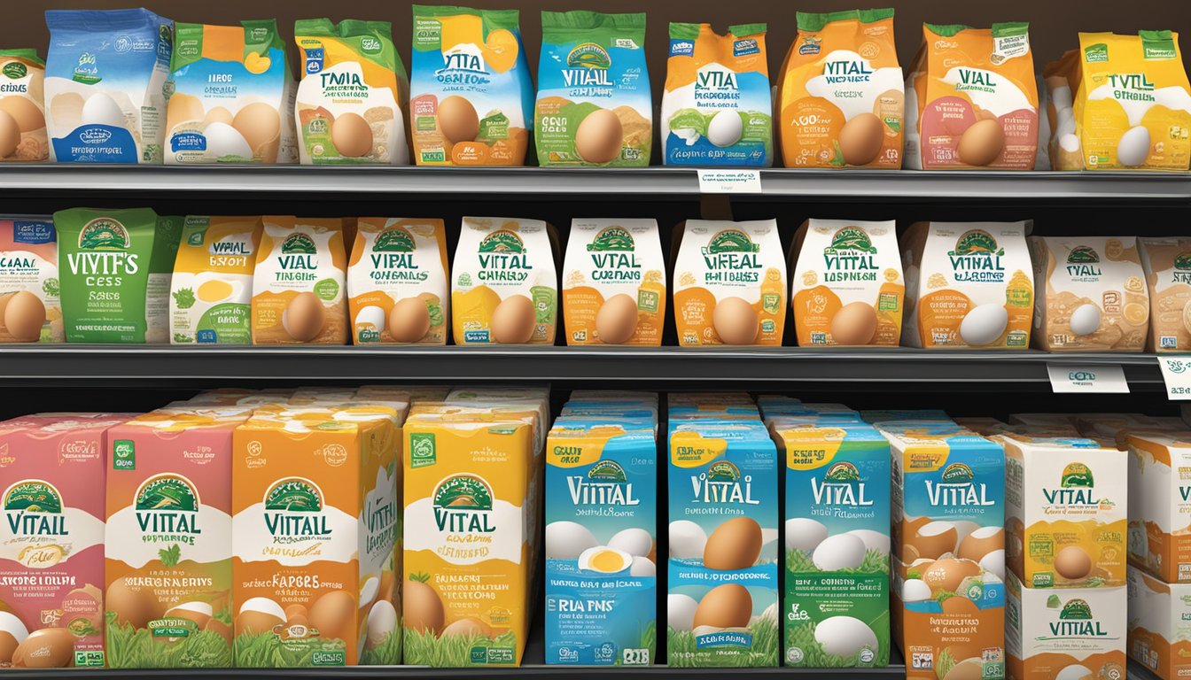 A carton of Vital Farms Pasture-Raised Eggs sits on a shelf at Kroger, surrounded by other brands, with a spotlight shining on it