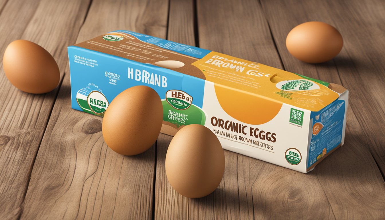 A carton of H-E-B Organic Brown Eggs sits on a rustic wooden table, surrounded by colorful farm-fresh eggs from various top grocery stores