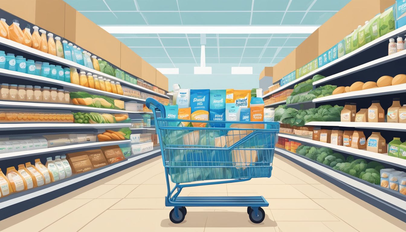 A cart filled with Blue Diamond Low FODMAP Almond Milk among shelves of IBS-friendly foods at a top grocery store