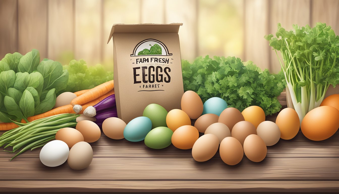 A carton of Sprouts Farmers Market Free-Range Eggs sits on a rustic wooden table, surrounded by colorful vegetables and a handwritten sign advertising farm fresh eggs