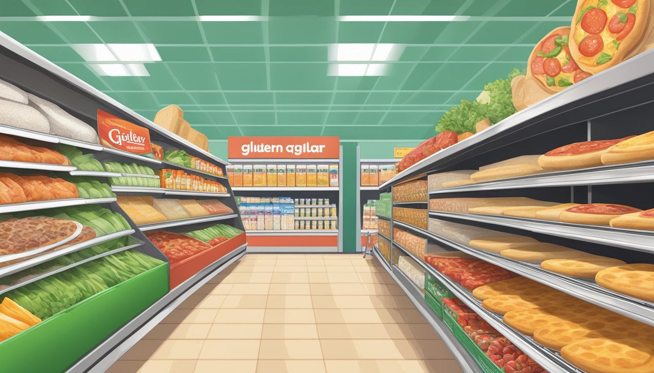 A grocery store aisle with Schär Gluten-Free Pizza Crusts displayed among low fodmap foods for IBS-friendly shopping