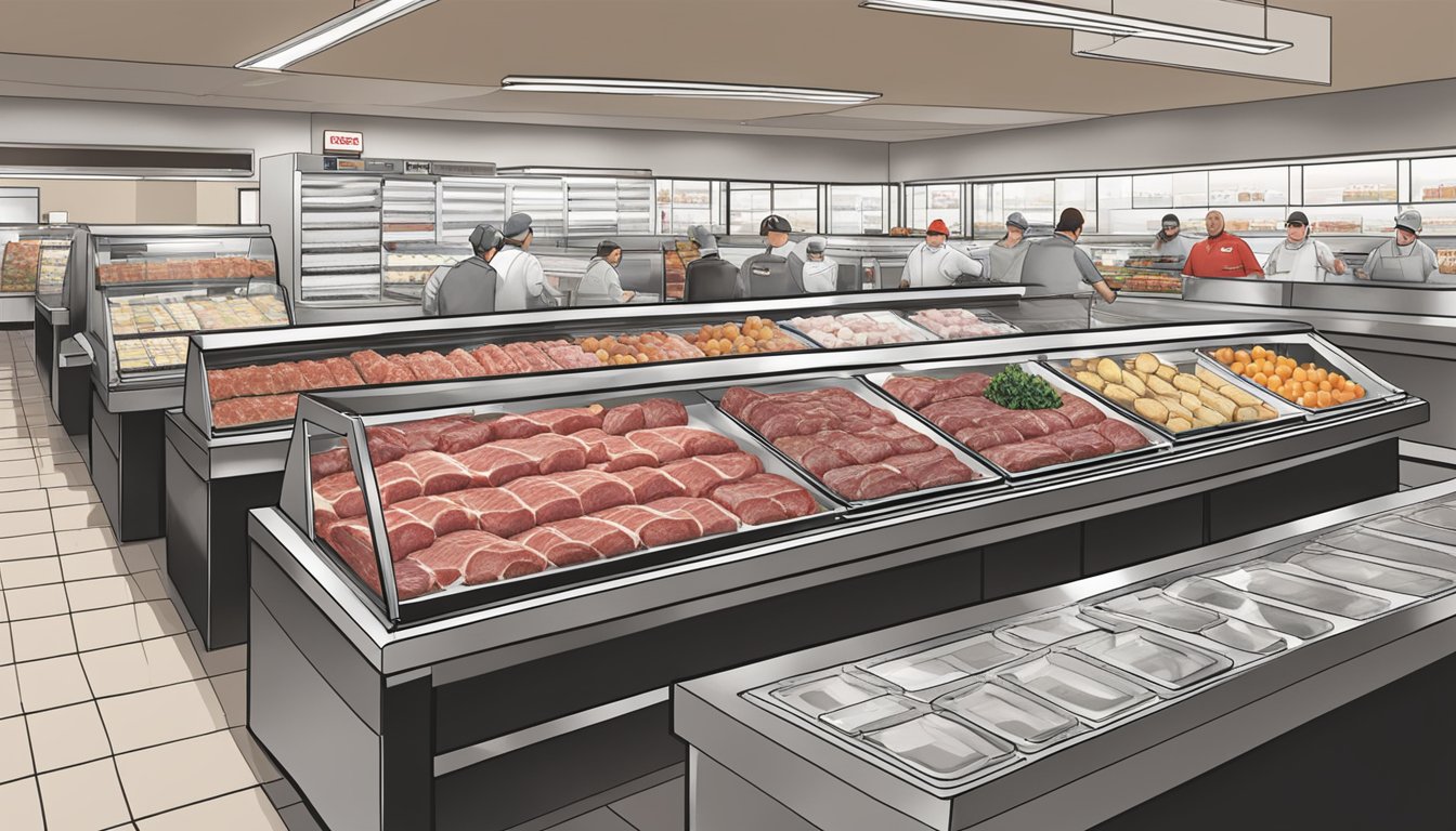 A bustling meat counter at Hy-Vee, showcasing a variety of premium Reserve Angus cuts. Bright, clean display with knowledgeable staff assisting customers