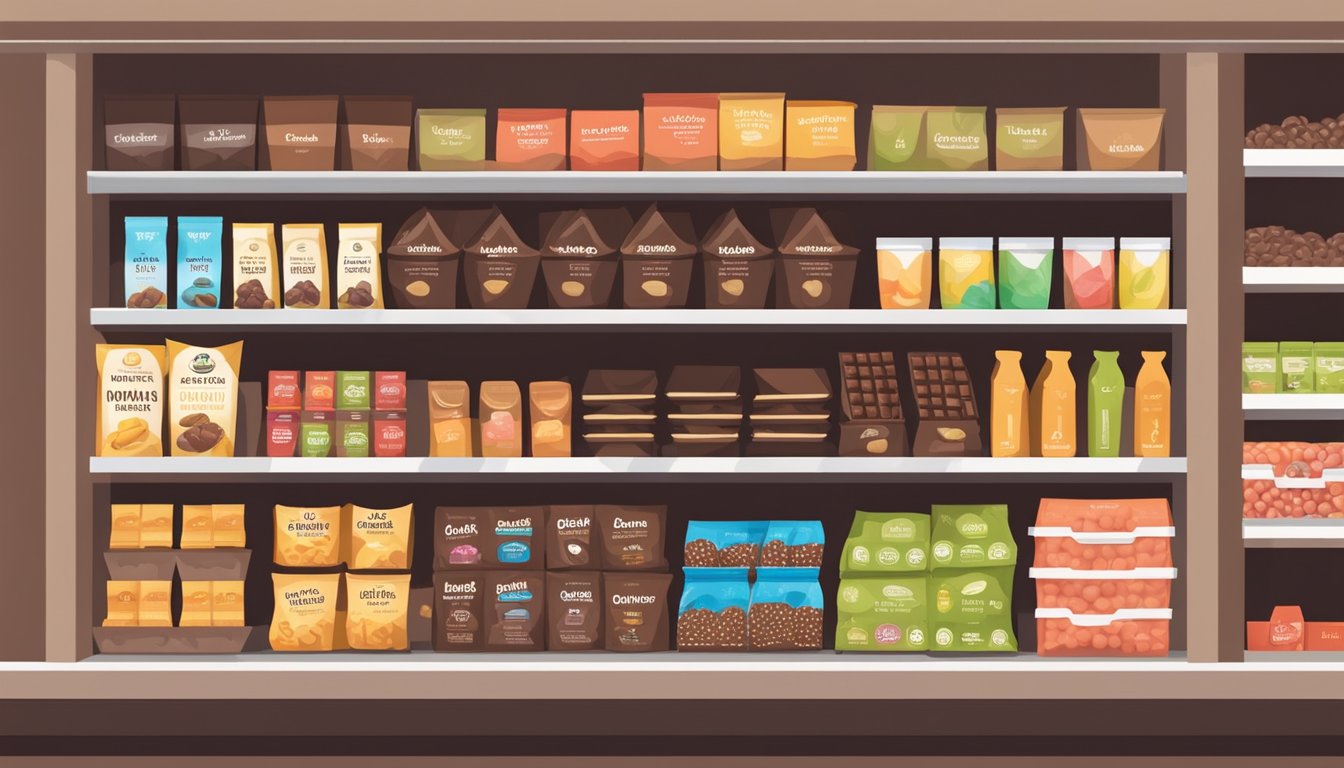 Dark Chocolate Morsels on a shelf, surrounded by low fodmap groceries in a well-lit grocery store aisle