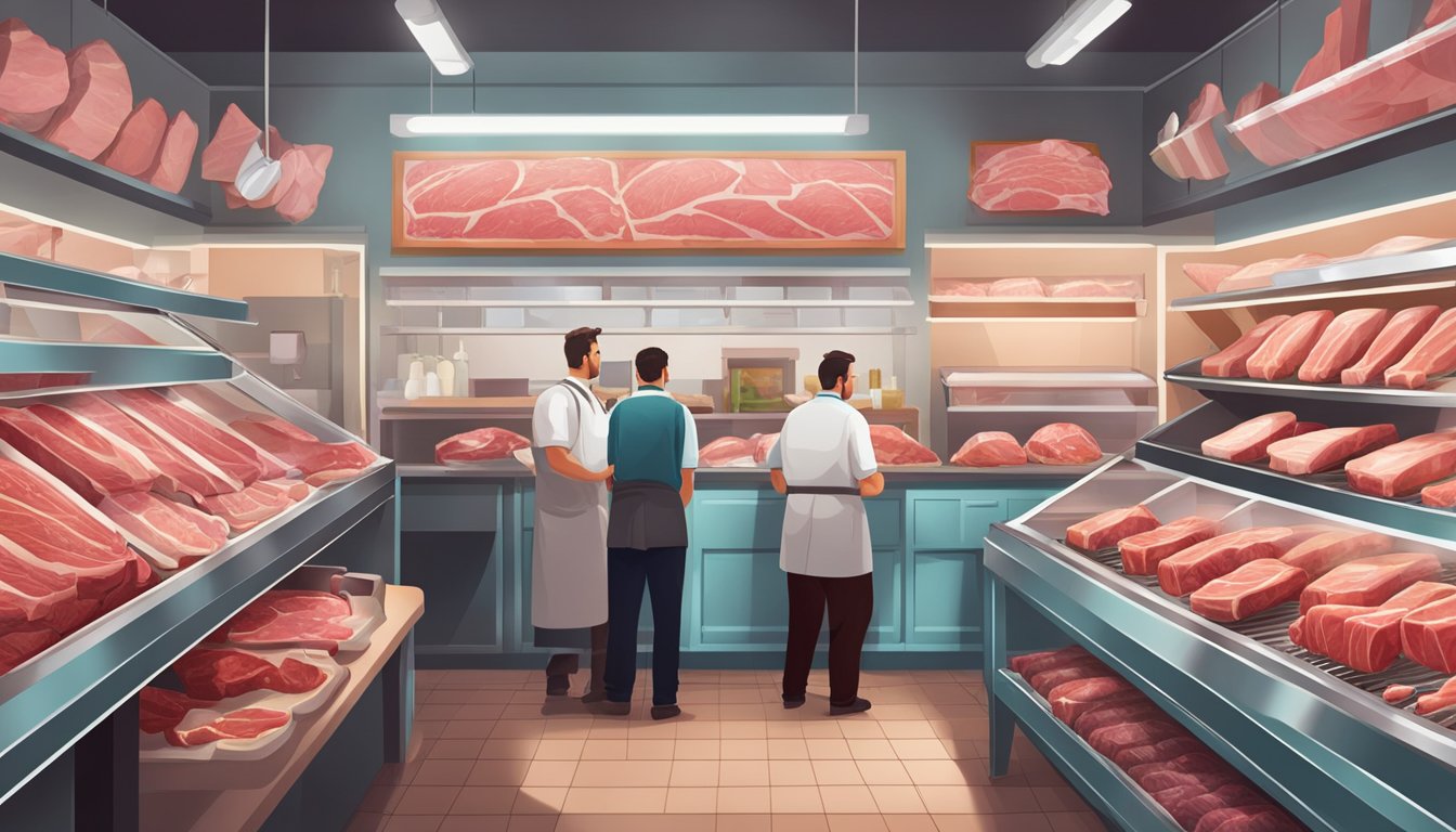 A bustling butcher shop with rows of gleaming meat cuts, a skilled butcher behind the counter, and customers browsing the selection