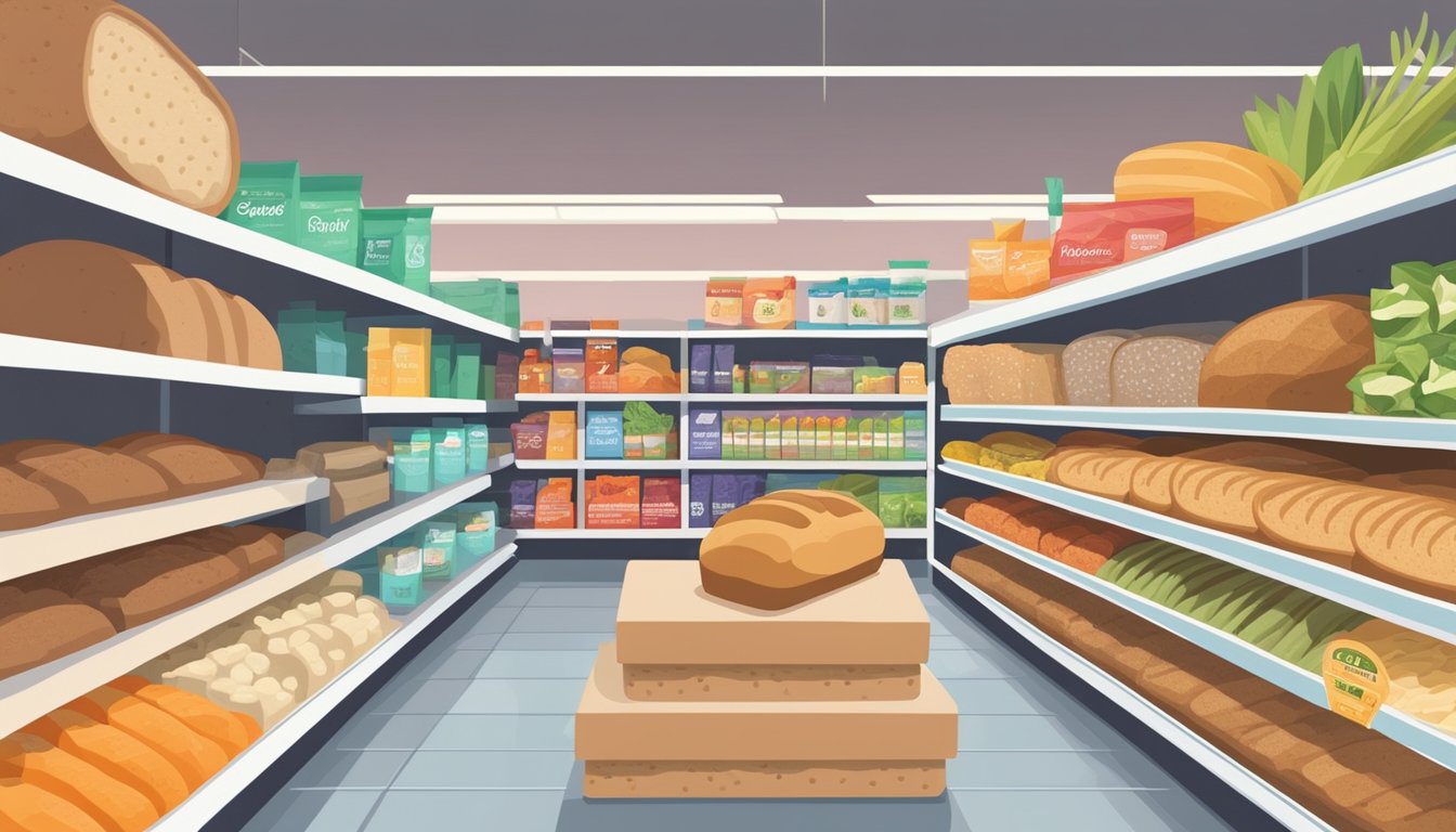 A loaf of Genius Gluten-Free Bread stands out on a shelf surrounded by low FODMAP foods in a bright, organized grocery store aisle