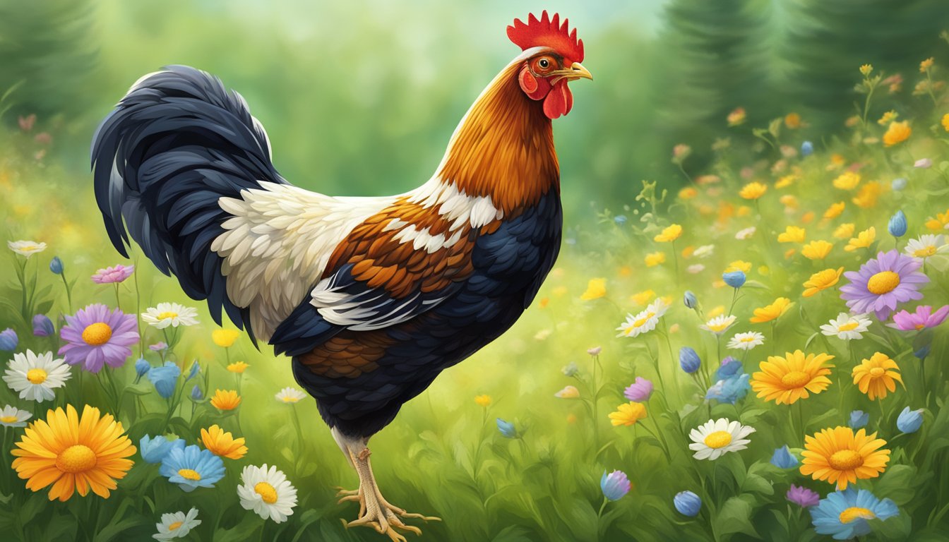 A chicken standing proudly on a green pasture, surrounded by colorful wildflowers, with a basket of freshly laid eggs at its feet