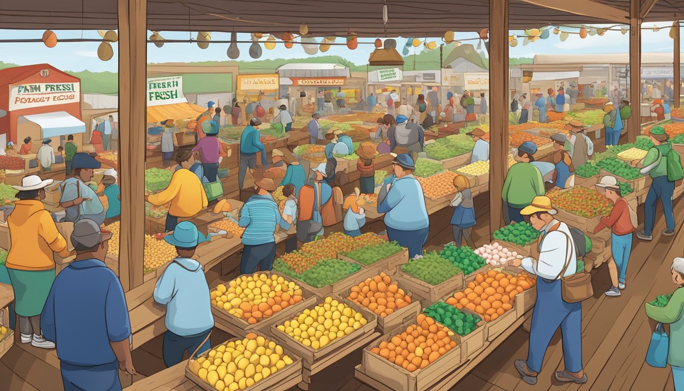 A bustling farmer's market with colorful egg cartons displayed on wooden tables, surrounded by eager customers and a sign advertising "Farm Fresh Eggs"