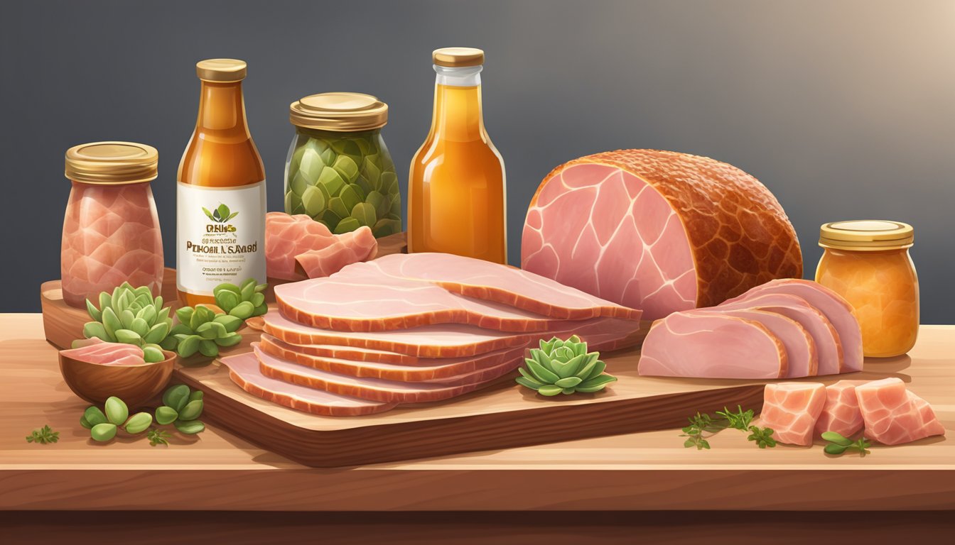 A succulent slice of maple glazed honey coat ham displayed on a wooden cutting board, surrounded by other premium deli meats in a grocery store display