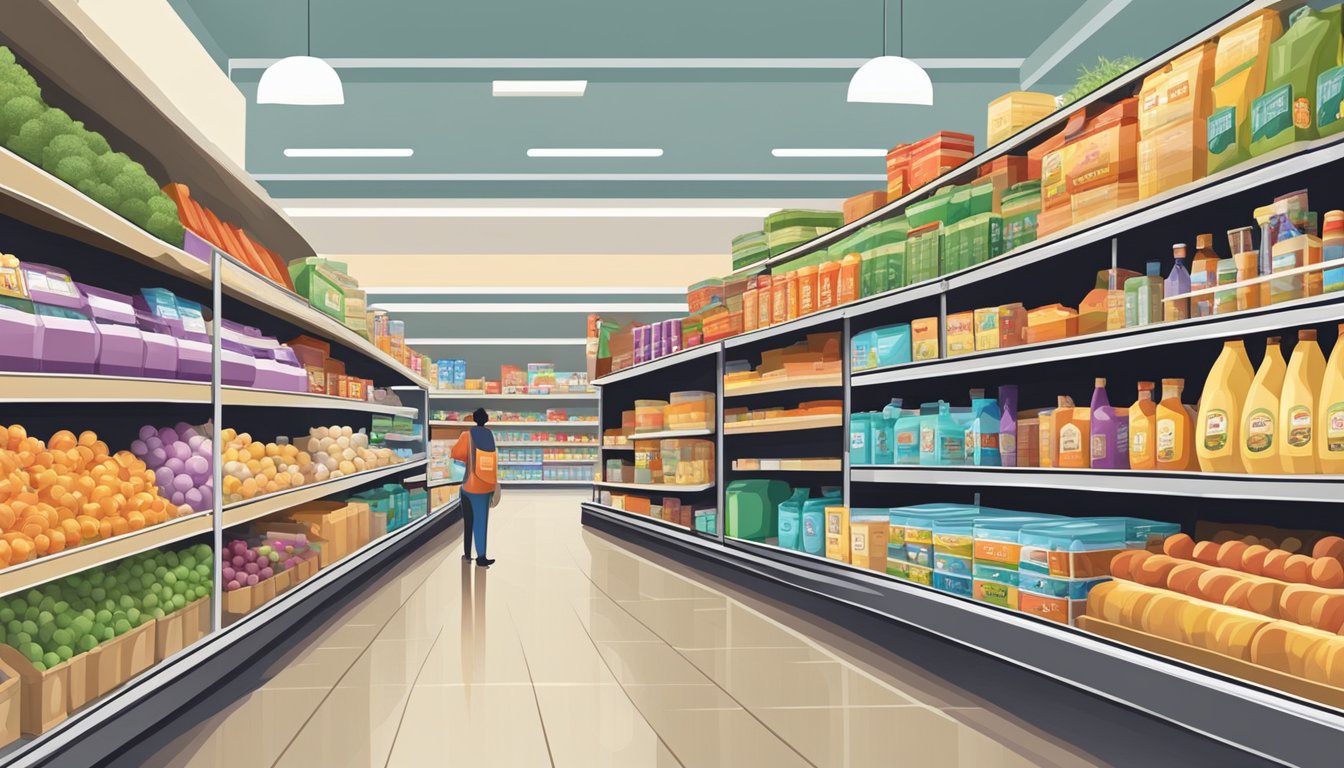 A busy grocery store with aisles of discounted items and large family-sized products. Shoppers with carts filled with bulk items