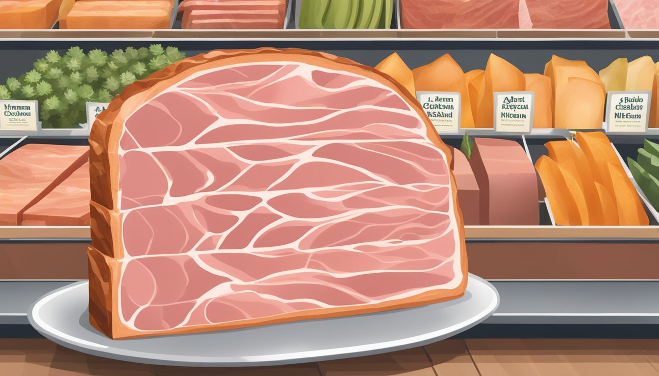 A succulent slice of Niman Ranch Applewood Smoked Ham displayed in a premium grocery store deli section