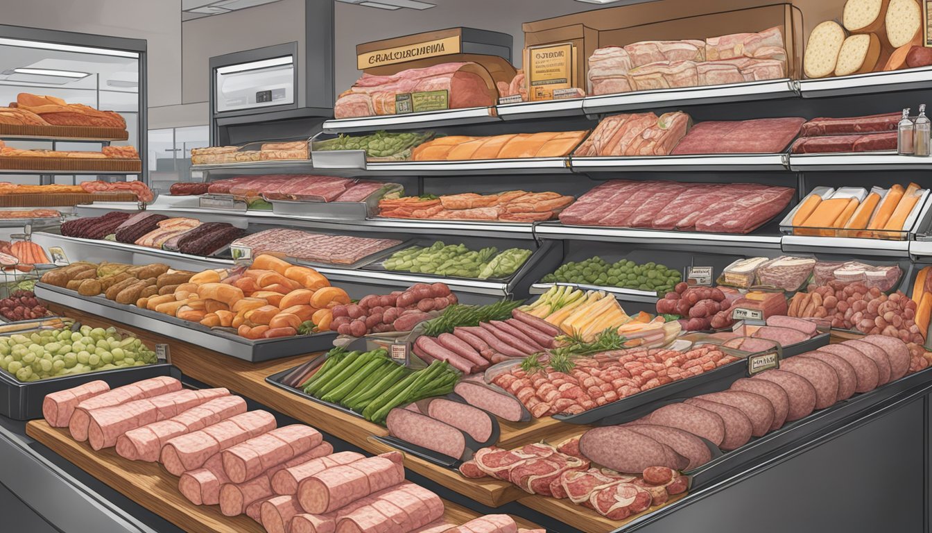 A bustling charcuterie display with Foustman's Salami front and center, surrounded by other premium deli meats at a top grocery store