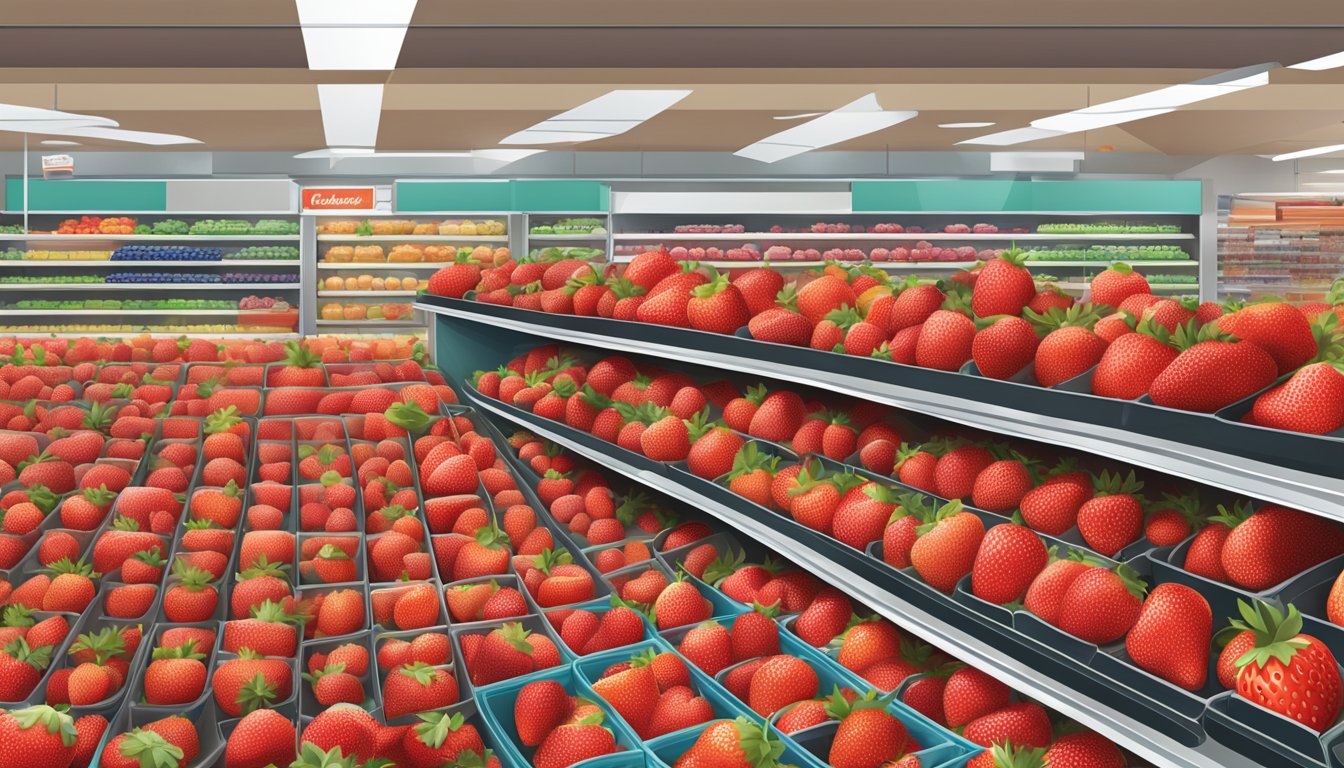 A vibrant display of Florida strawberries at a bustling grocery store, with the freshest fruit carefully arranged in neat rows on a clean, well-lit shelf