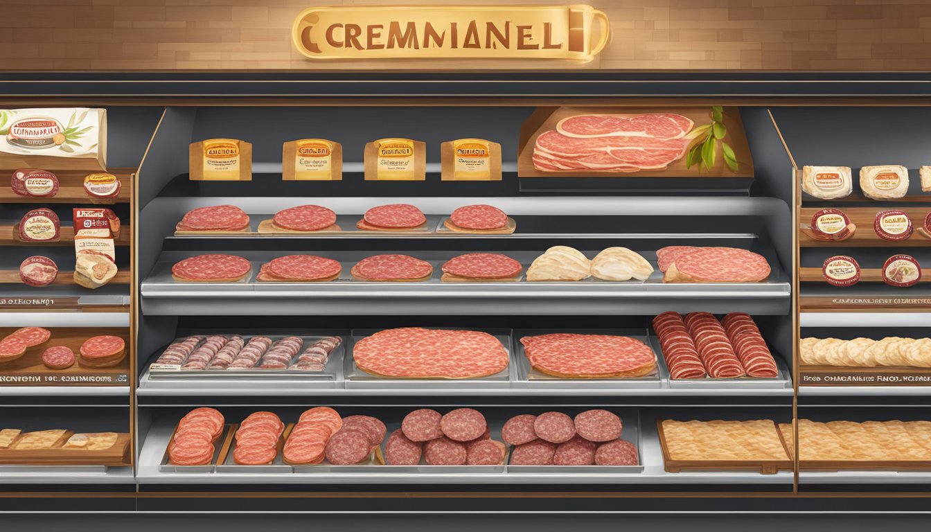 A display of Creminelli Fine Meats Casalingo Salami slices showcased at a premium grocery store