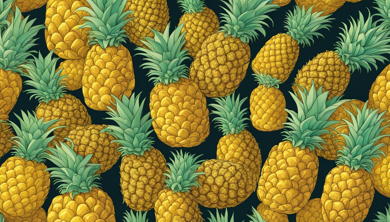 Golden Pineapples stand out among vibrant fruits in a bustling grocery store display. Shoppers reach for the freshest produce nearby