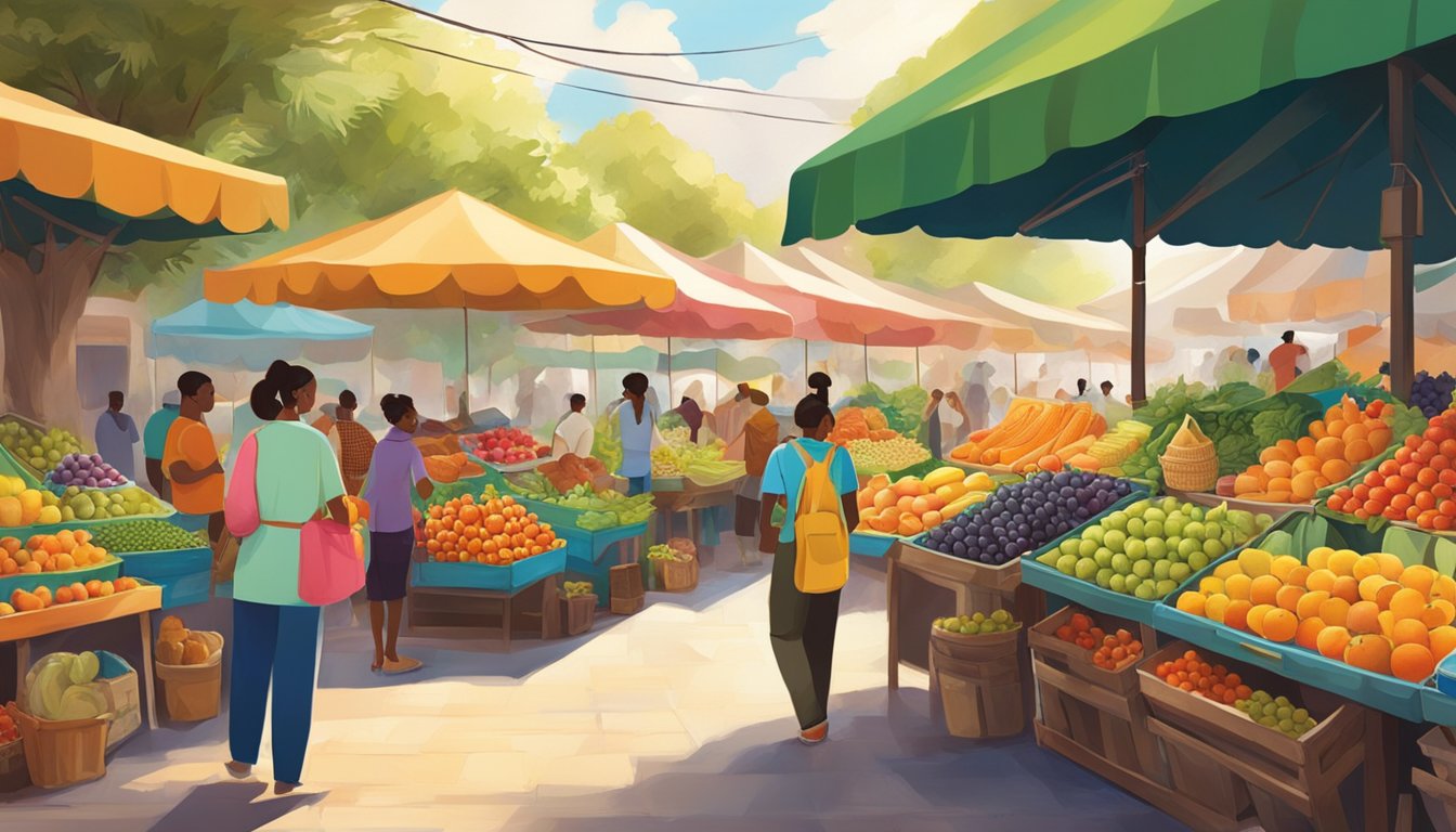 A bustling market filled with vibrant, fresh fruits displayed in abundance under bright, natural light. Vibrant colors and a variety of textures create a paradise of nature's sweet bounty