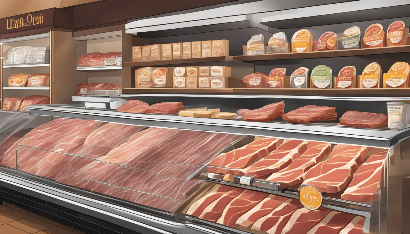 A display of La Quercia Rossa Prosciutto slices showcased at a premium grocery store deli counter