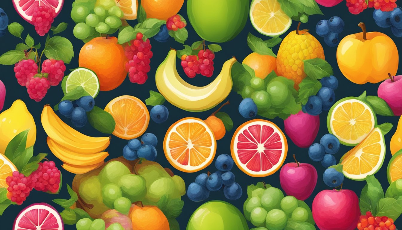 A colorful display of fresh fruits arranged in a bountiful and inviting manner, with vibrant hues and a variety of textures