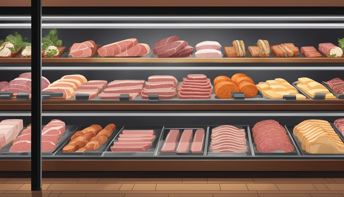 A display case filled with a variety of premium deli meats, neatly arranged and labeled, with a spotlight highlighting the selection