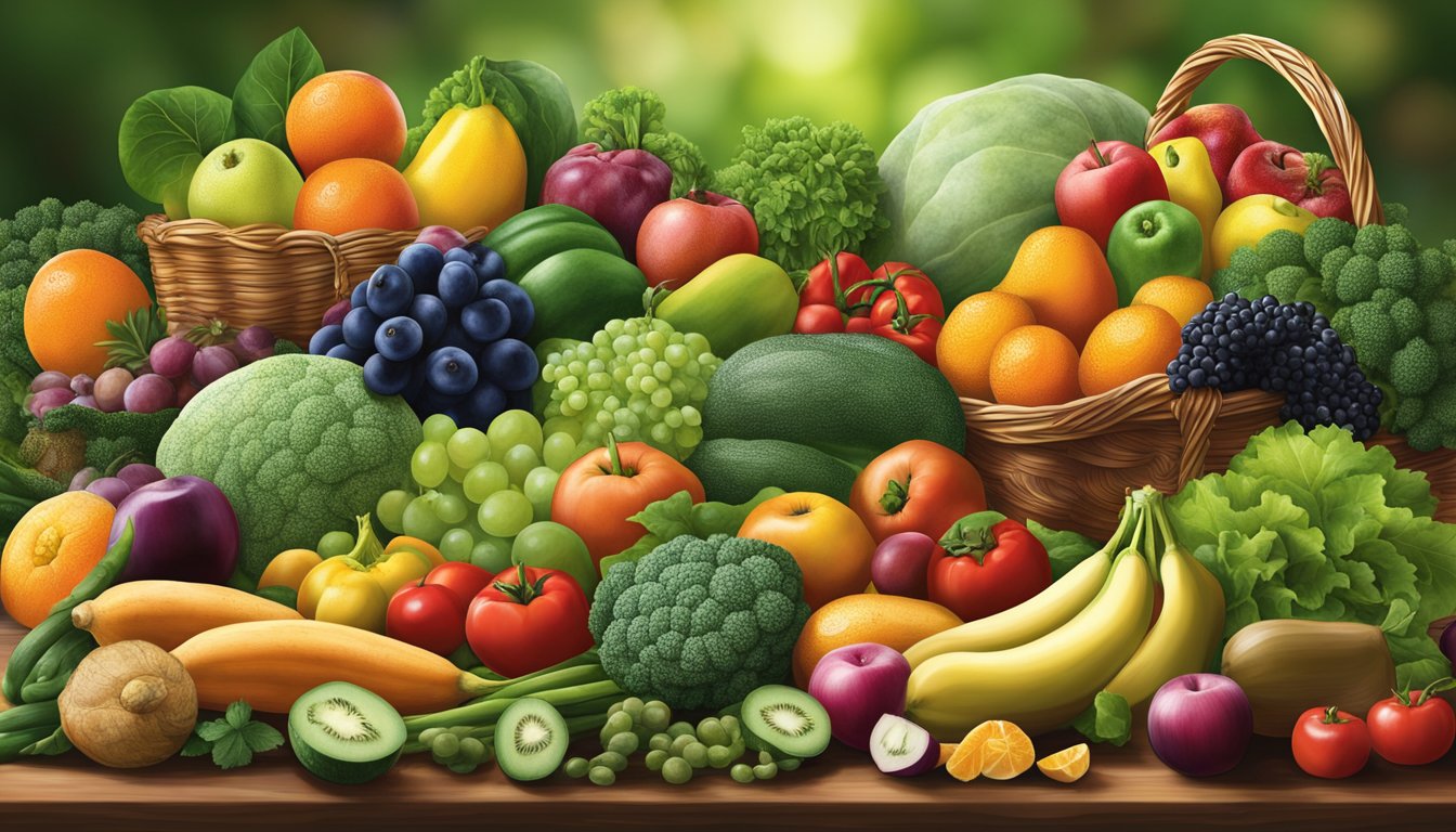 A lush, vibrant display of fresh fruits and vegetables arranged in an enticing and bountiful manner, drawing the eye to the natural and healthy selection offered by Kroger's