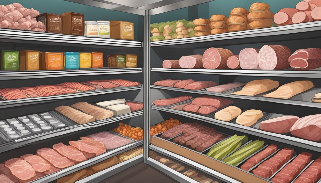 A display case filled with assorted premium deli meats, neatly arranged and labeled, with a backdrop of shelves stocked with gourmet grocery items