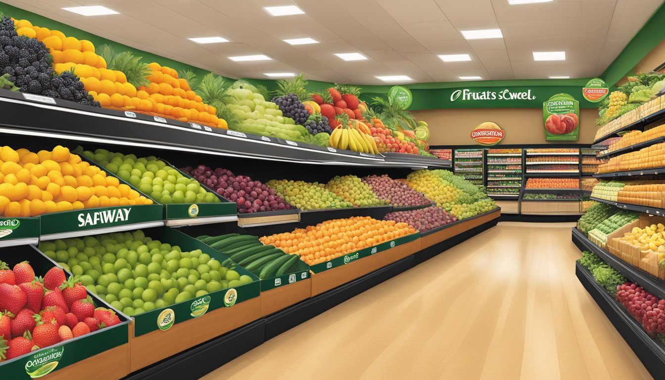 A lush, vibrant display of organic fruits fills the aisles, showcasing Safeway's commitment to nature's sweet bounty