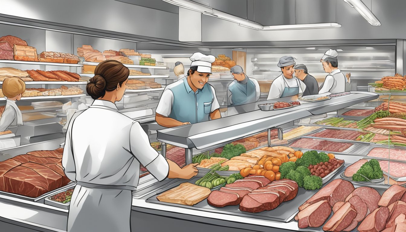 A bustling deli counter showcases an array of premium meats, neatly sliced and artfully arranged on pristine white butcher paper. A friendly staff member assists a customer with a smile