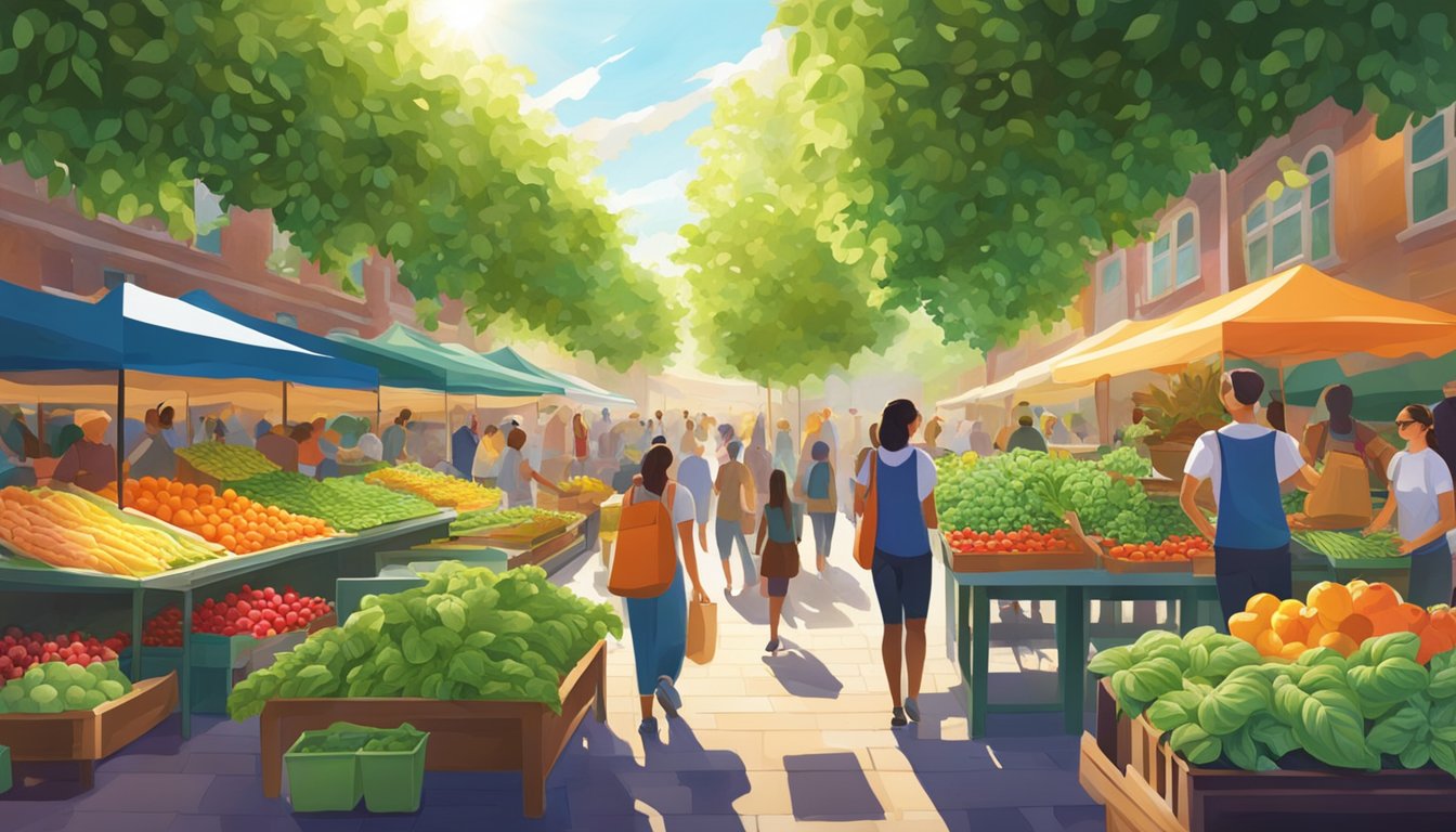 Sunlight filtering through lush basil leaves in a vibrant garden setting, with colorful produce and bustling shoppers in the background