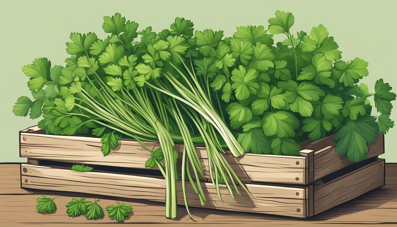 A vibrant green cilantro bunch surrounded by other fresh herbs in a rustic wooden crate at a bustling farmers market