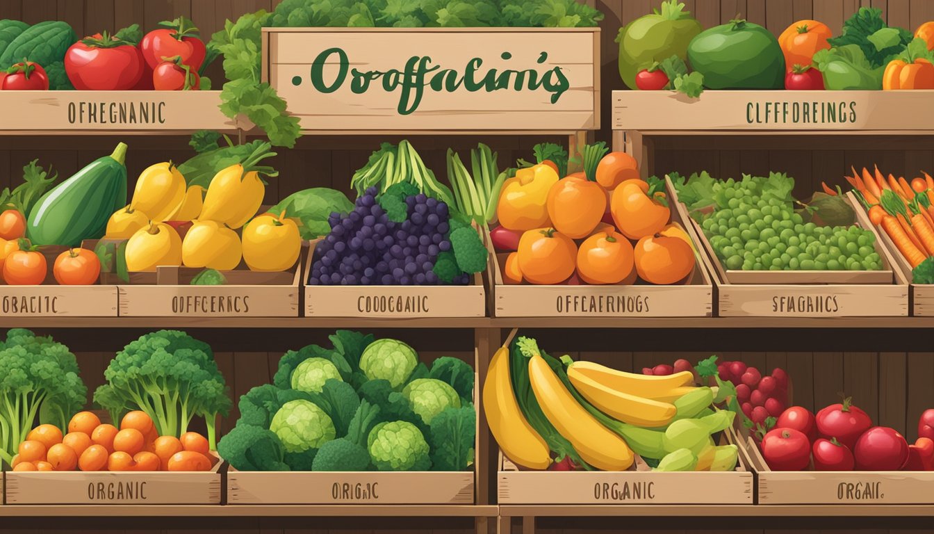 A colorful display of organic fruits and vegetables, neatly arranged in wooden crates, with a sign reading "Costco's Organic Offerings" above the bounty