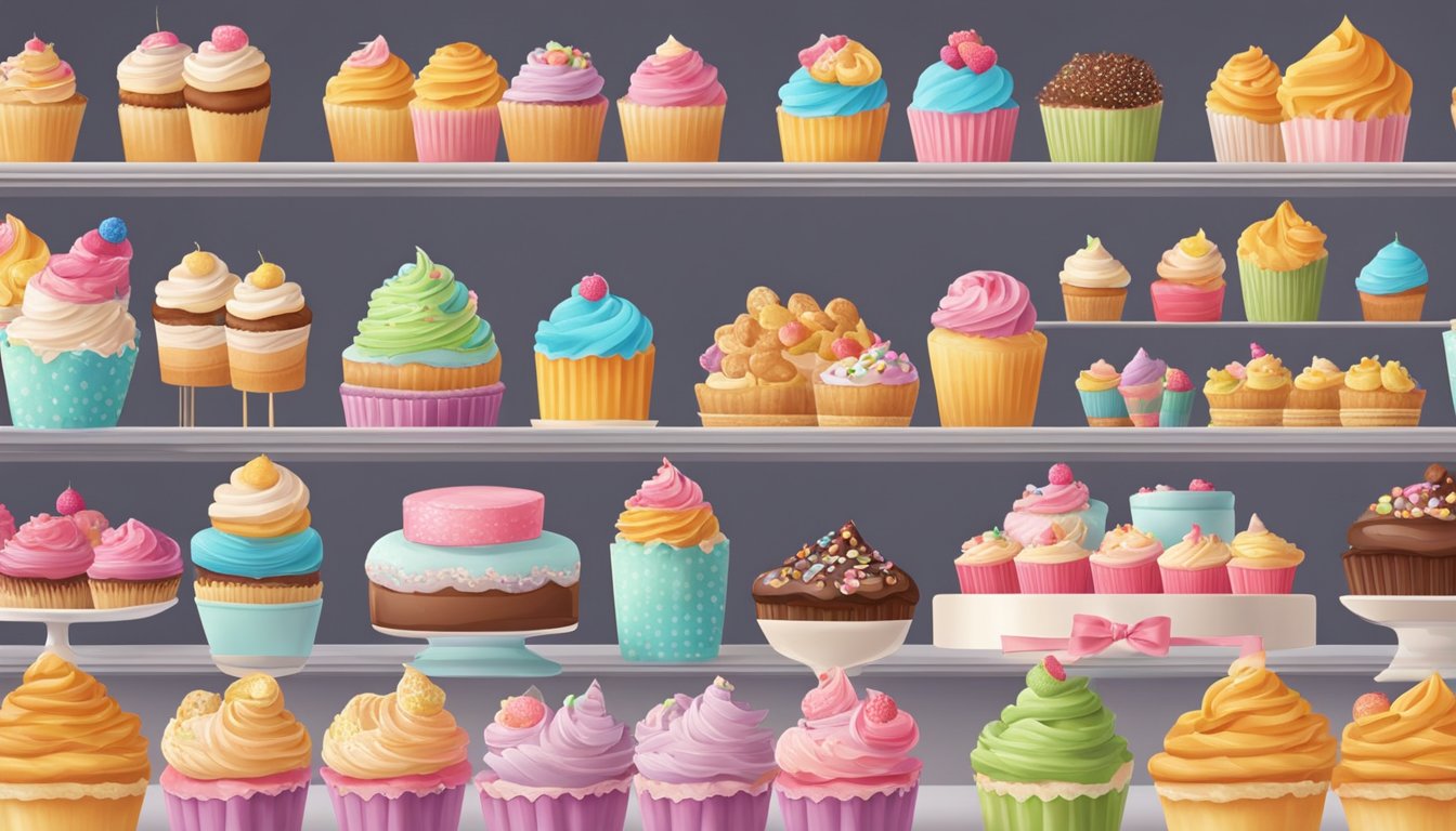 A bustling bakery with rows of colorful cupcakes and a display of sweet treats