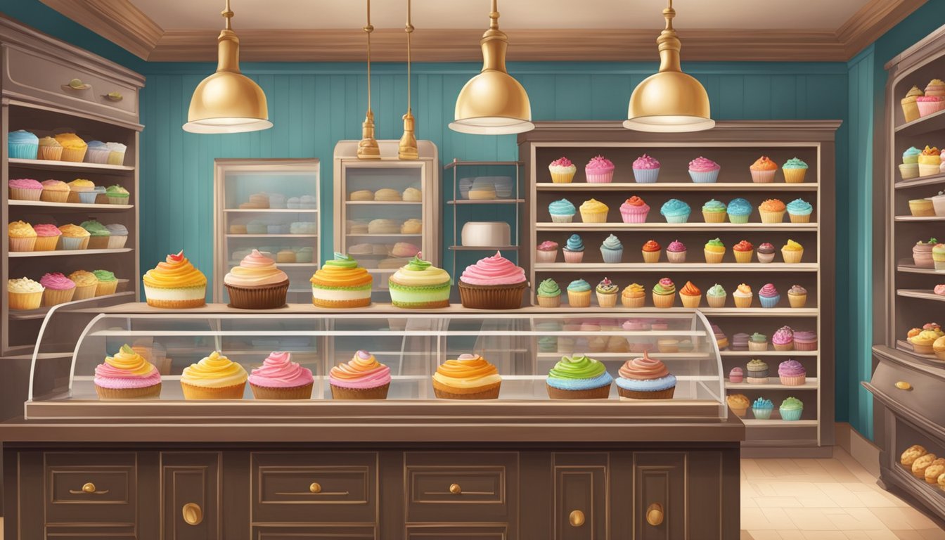 A quaint bakery with a display of colorful, decadent cupcakes surrounded by shelves of gourmet groceries