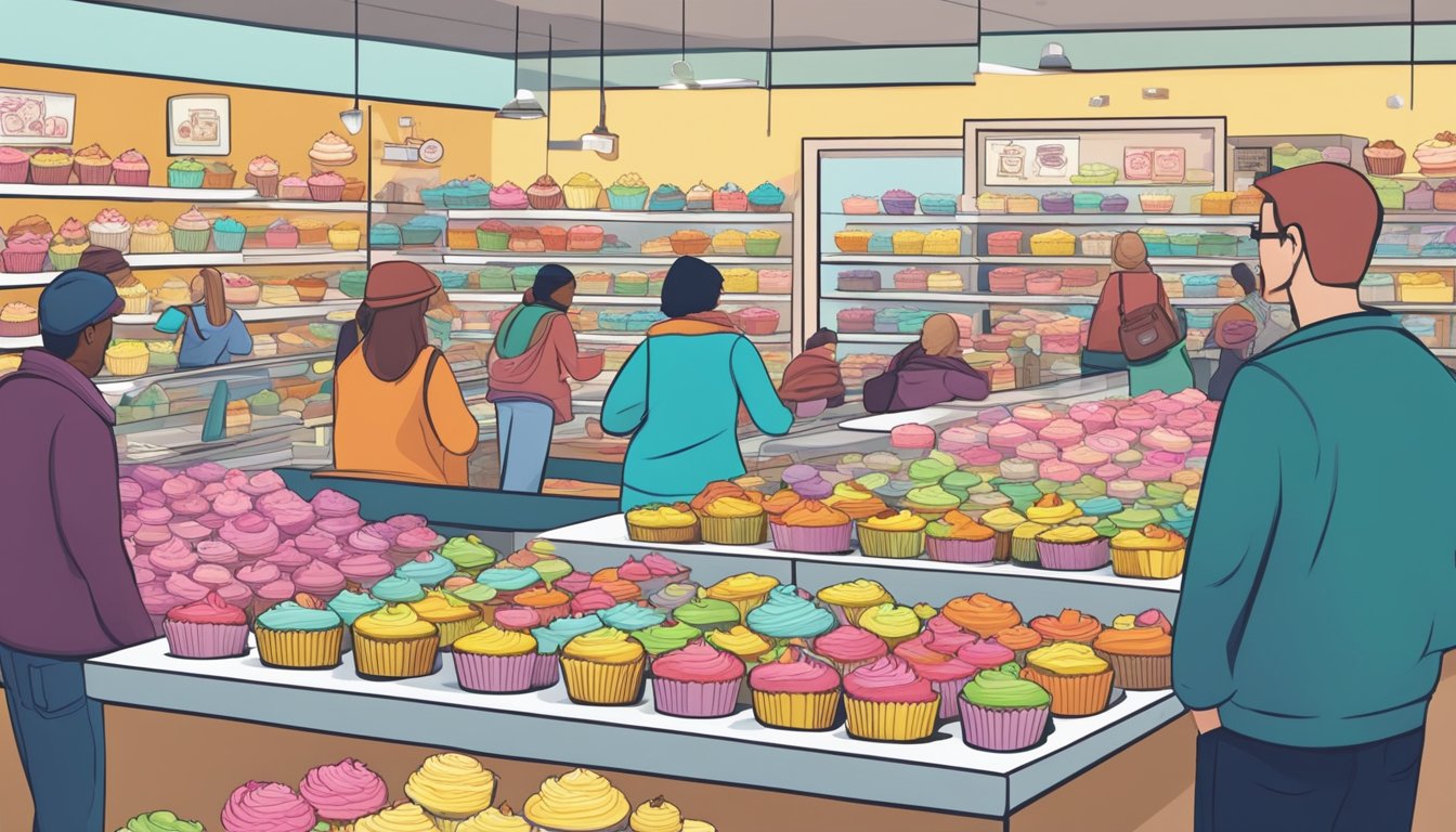 A bustling grocery store with rows of colorful cupcakes on display, customers eagerly selecting their sweet treats at Cupcake Royale in Seattle