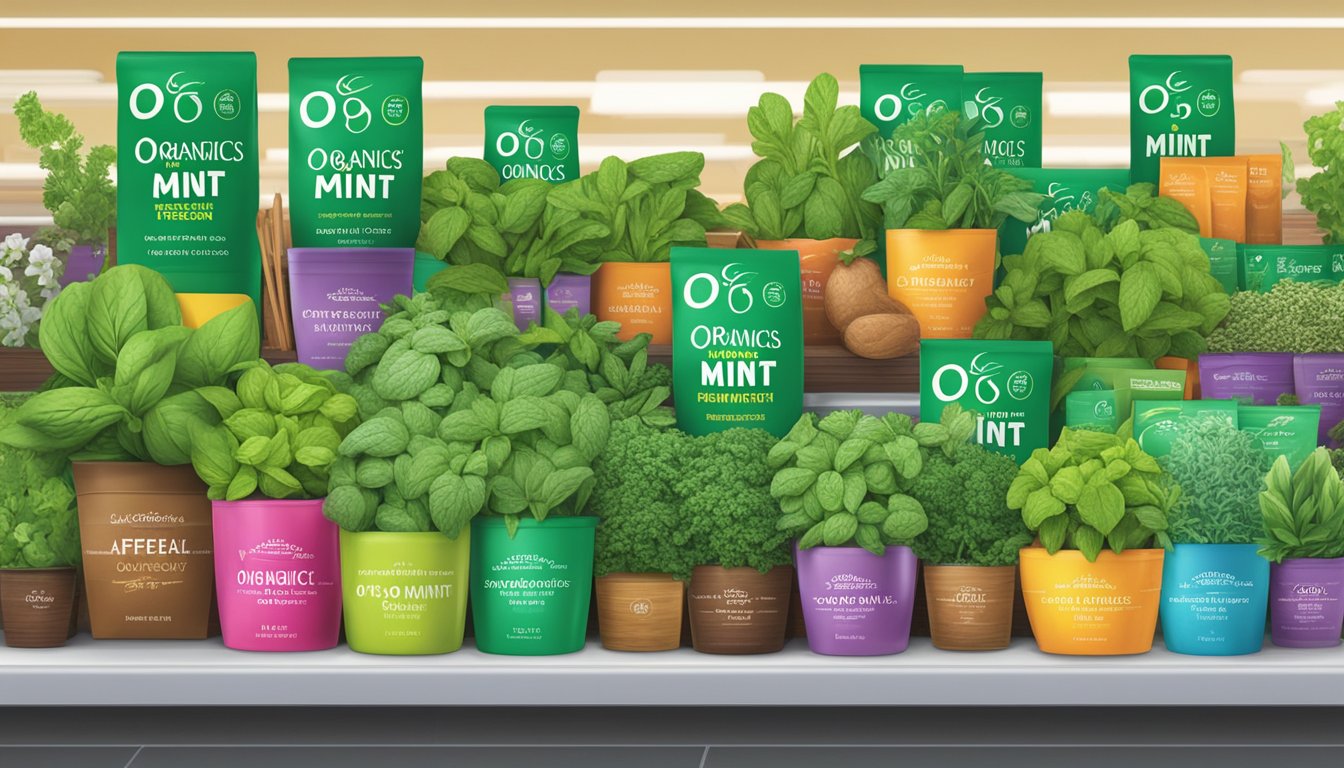 A colorful display of 'O Organics Fresh Mint' stands out in the herb section of Safeway, surrounded by other vibrant aromatic herbs