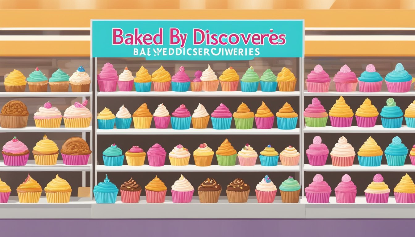 A colorful display of assorted cupcakes at a grocery store, with enticing packaging and a sign for "Baked by Melissa - NYC sweet discoveries."