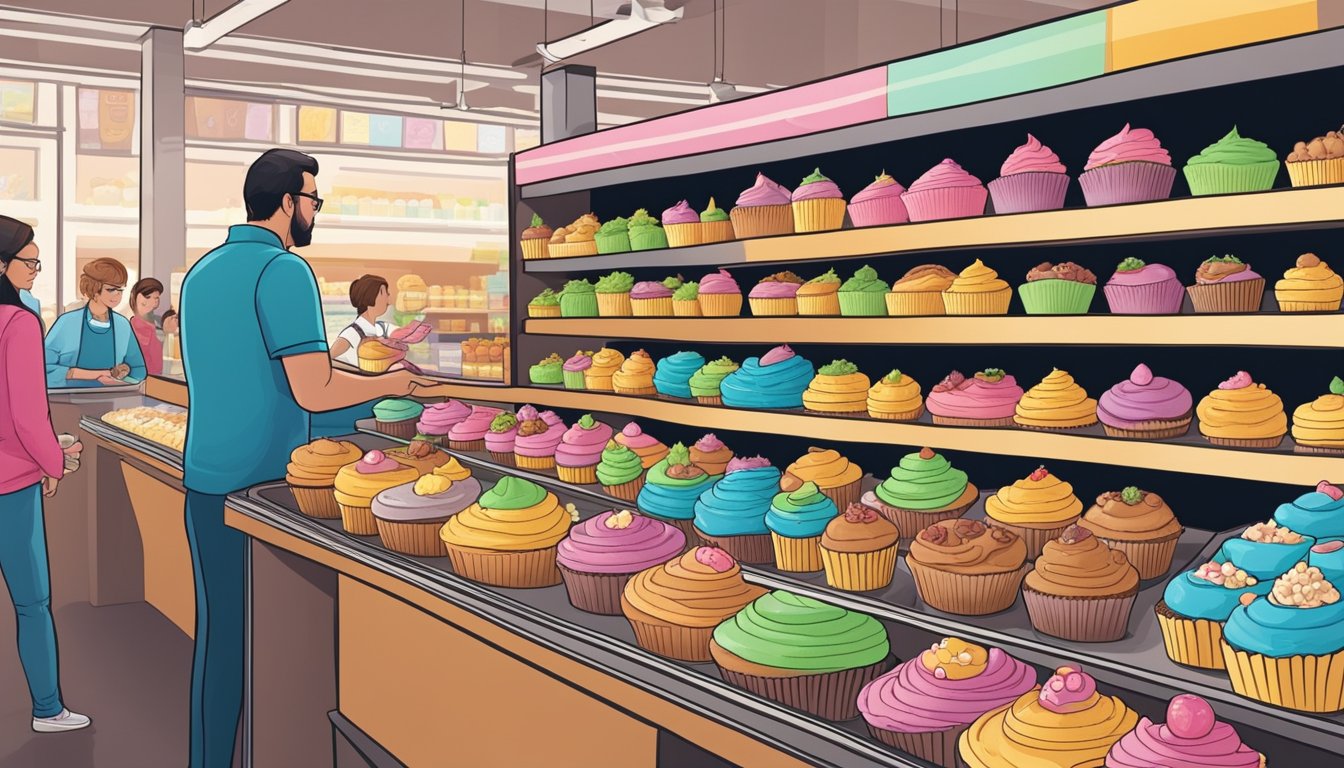 A colorful display of gourmet cupcakes at a bustling grocery store in Seattle, with customers eagerly selecting their favorite flavors