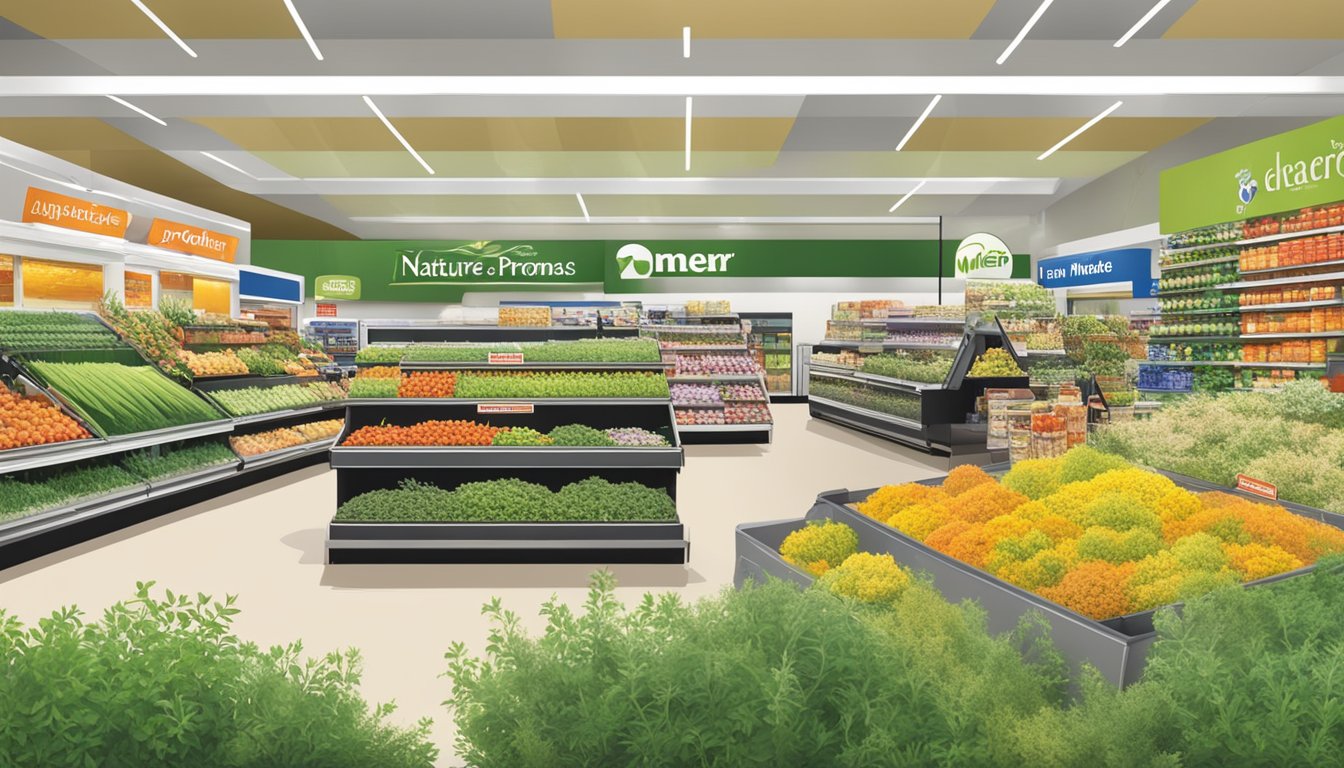 A bustling grocery store display showcases Meijer's 'Nature's Promise Thyme' among other vibrant aromatic herbs