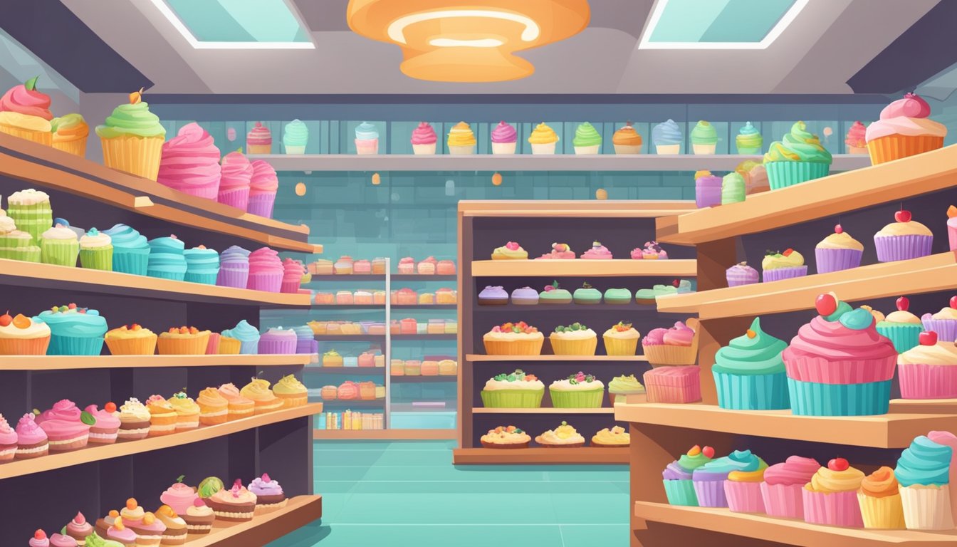 A cozy, colorful grocery store with rows of delectable cupcakes on display, surrounded by shelves filled with sweet treats and cheerful signage