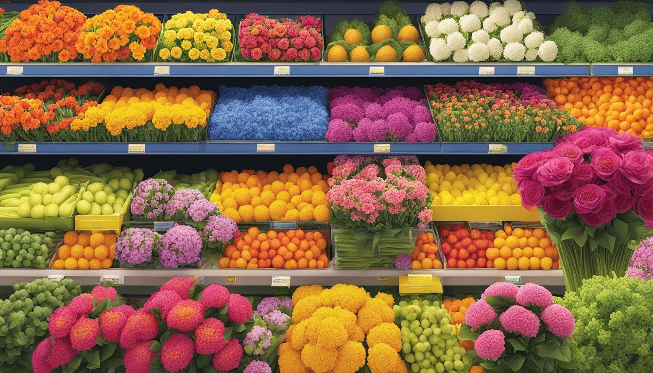 A colorful display of seasonal flowers at Aldi, with vibrant blooms arranged in bunches