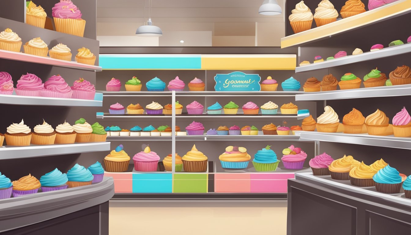 A colorful display of gourmet cupcakes at a grocery store, surrounded by elegant packaging and enticing signage