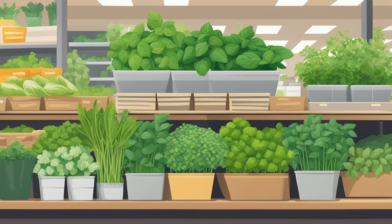 A colorful display of fresh herbs at a bustling grocery store. Aromatic scents waft through the air as customers select vibrant bundles of basil, mint, and cilantro