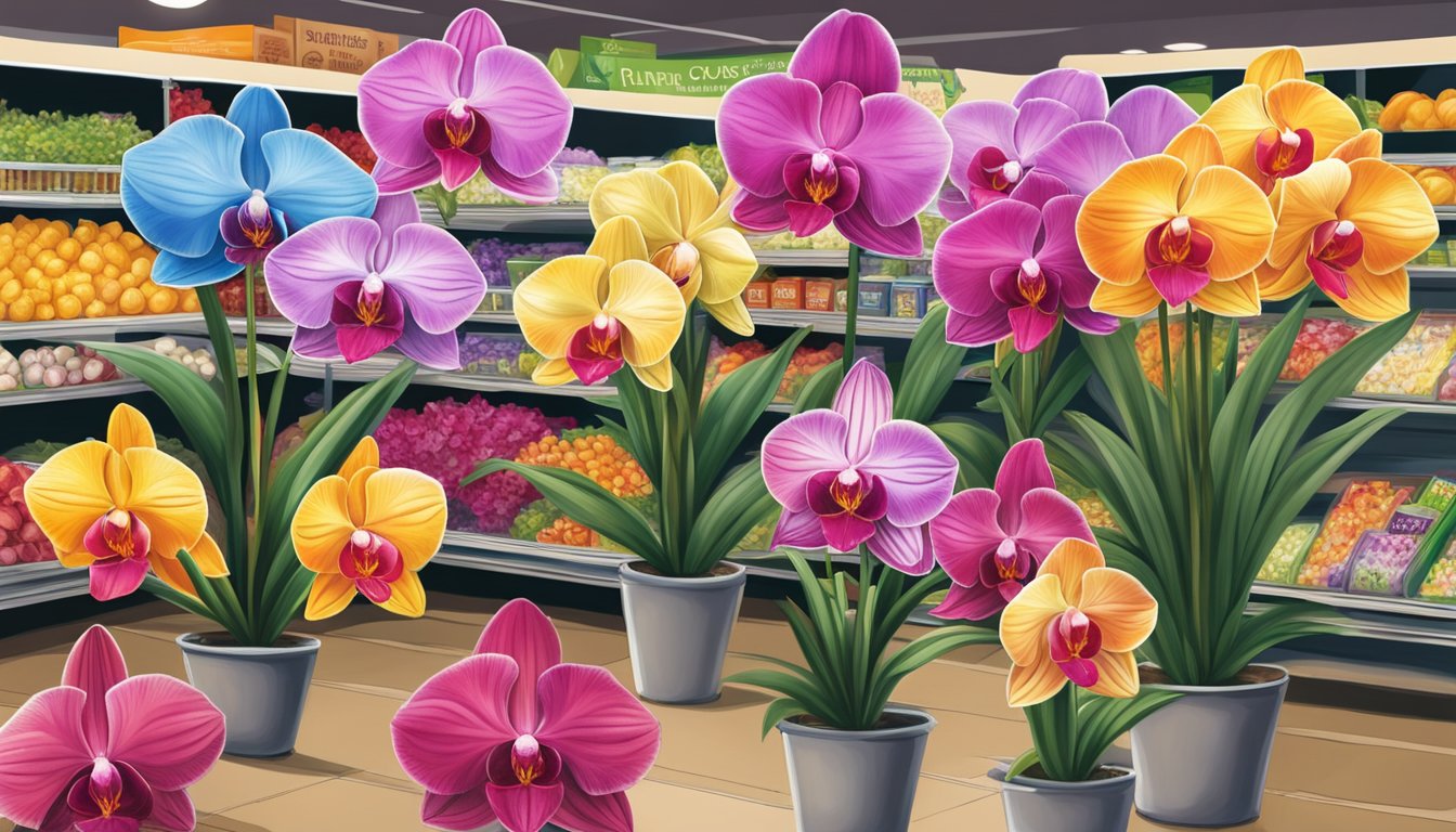 Vibrant Safeway Orchid Blooms displayed among bargains at the grocery store, catching the eye of shoppers