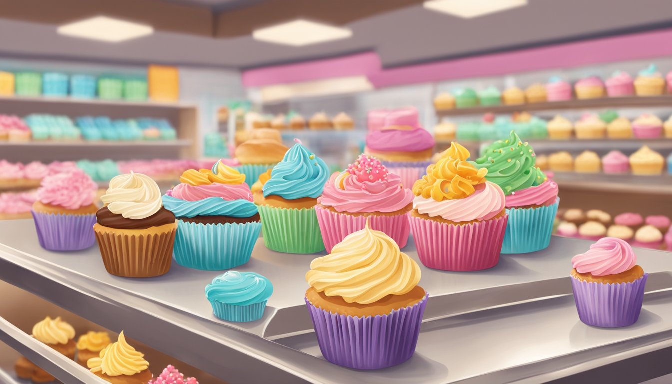 A display of freshly baked cupcakes in a bright, airy grocery store, with colorful frosting and delicate decorations, showcasing the highest quality and inviting customers to indulge in sweet discoveries