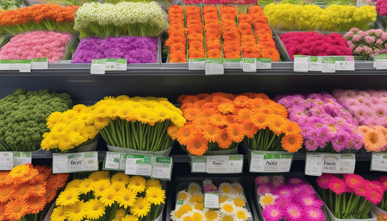 A colorful display of fresh daisy bundles at Walmart, surrounded by vibrant blooms and labeled "reddits top picks" for grocery store flower finds