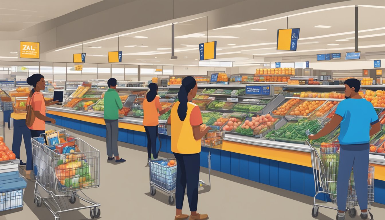 A busy Aldi store with SNAP recipients using EBT cards at checkout