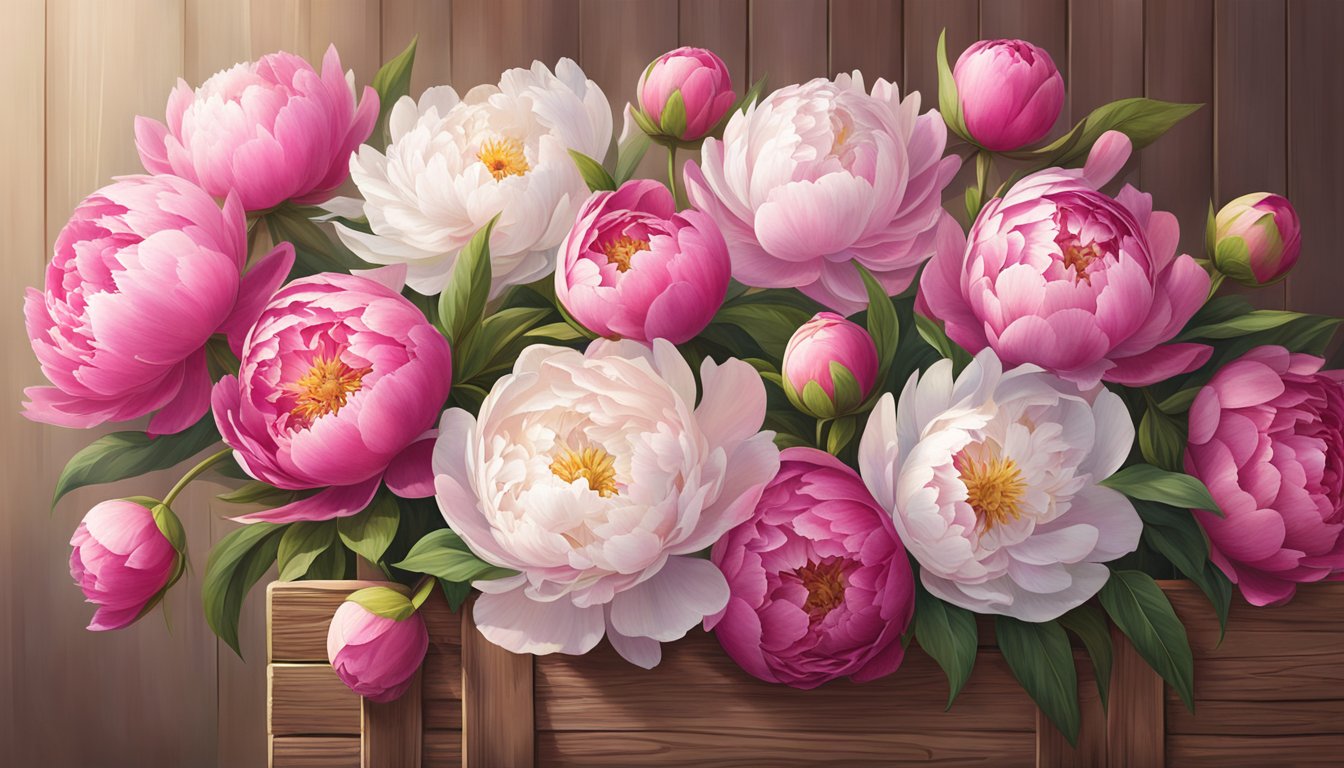 Bright peonies in various shades of pink and white arranged in a rustic wooden crate at Sprouts Farmers Market. Sunlight filters through the petals, highlighting the blooming beauties