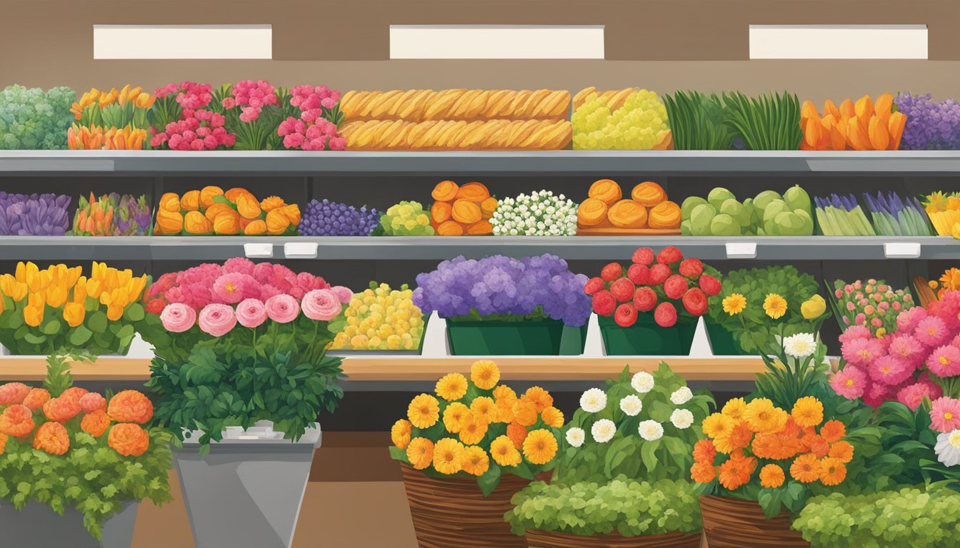 Colorful flowers fill a grocery store display, with bright blooms and greenery arranged in attractive bundles. Shoppers select their favorites from the array of budget-friendly options