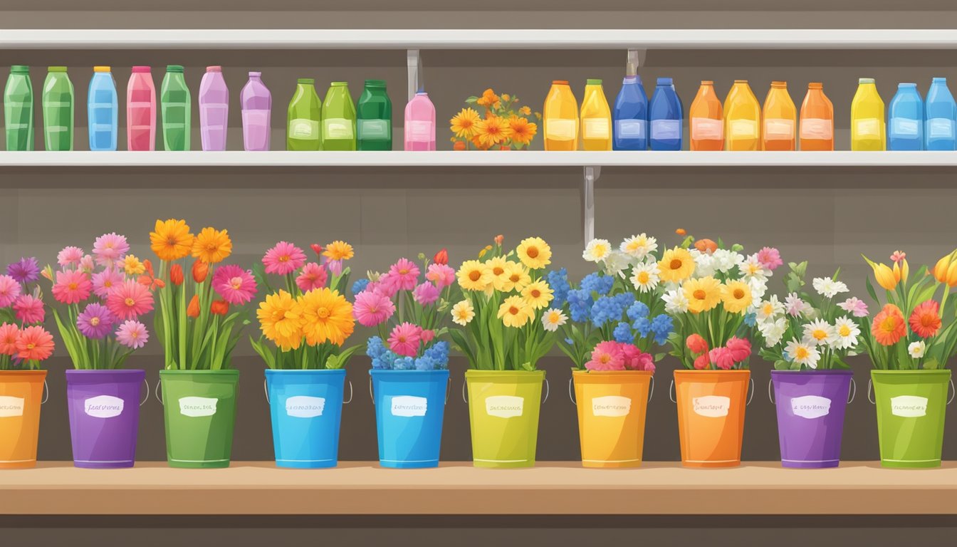 A colorful array of fresh flowers arranged in buckets and vases, with price tags and "top picks" labels displayed on a grocery store shelf