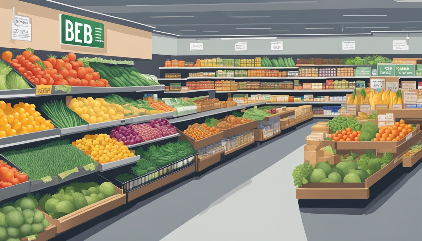 A busy grocery store with shelves stocked with fresh produce and essential items, a sign promoting EBT benefits for SNAP recipients prominently displayed